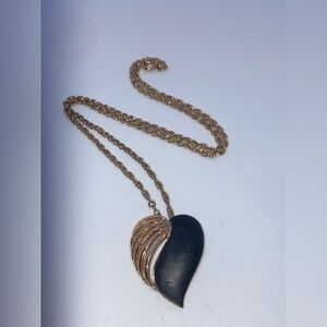 Vtg Michelle Lynn Matte Black Enamel Tropical Leaf Necklace 18” + 1.2” Pendant